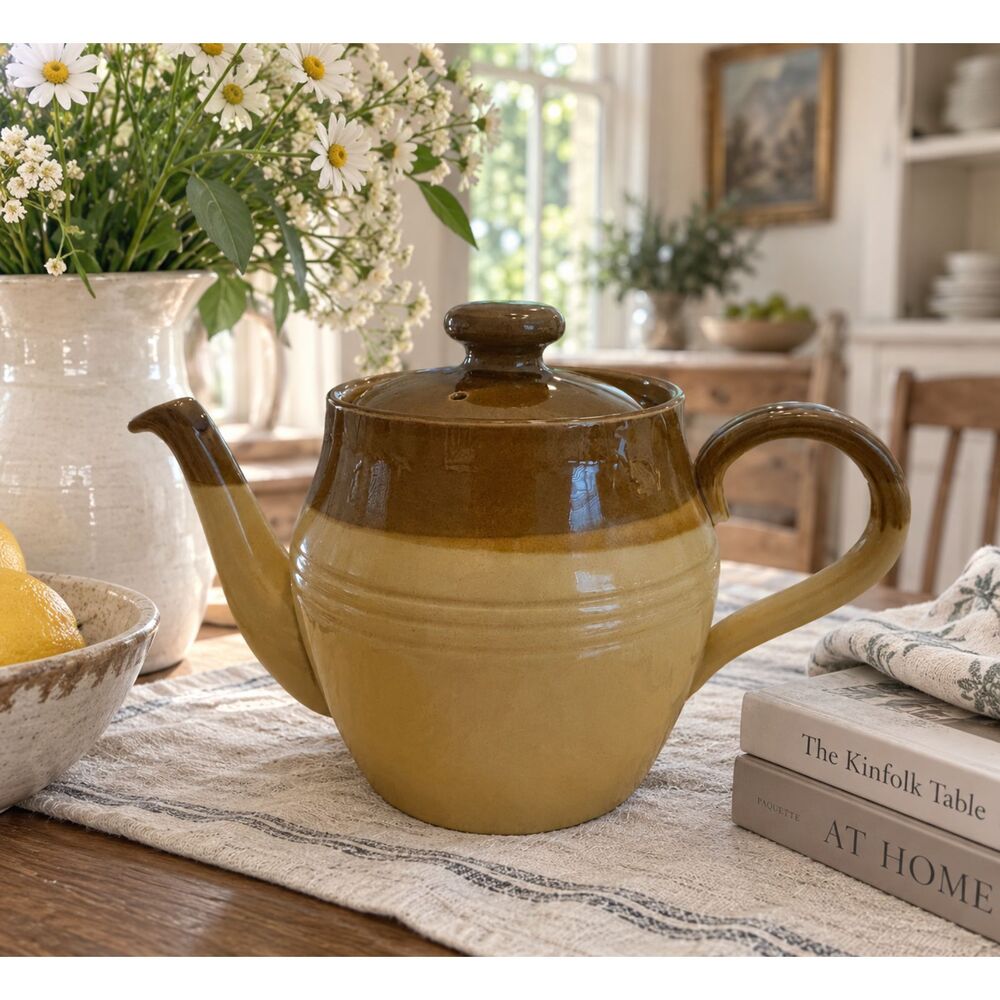 Vintage Brown & Cream Glazed Ceramic Teapot | Large Cottage Farmhouse Pottery Te